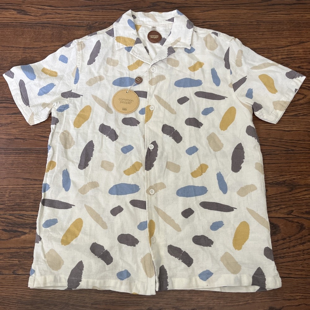 COMMON PEOPLE Men's S Contour SS Shirt Textured Ivory Brushstroke Multicolor NWT